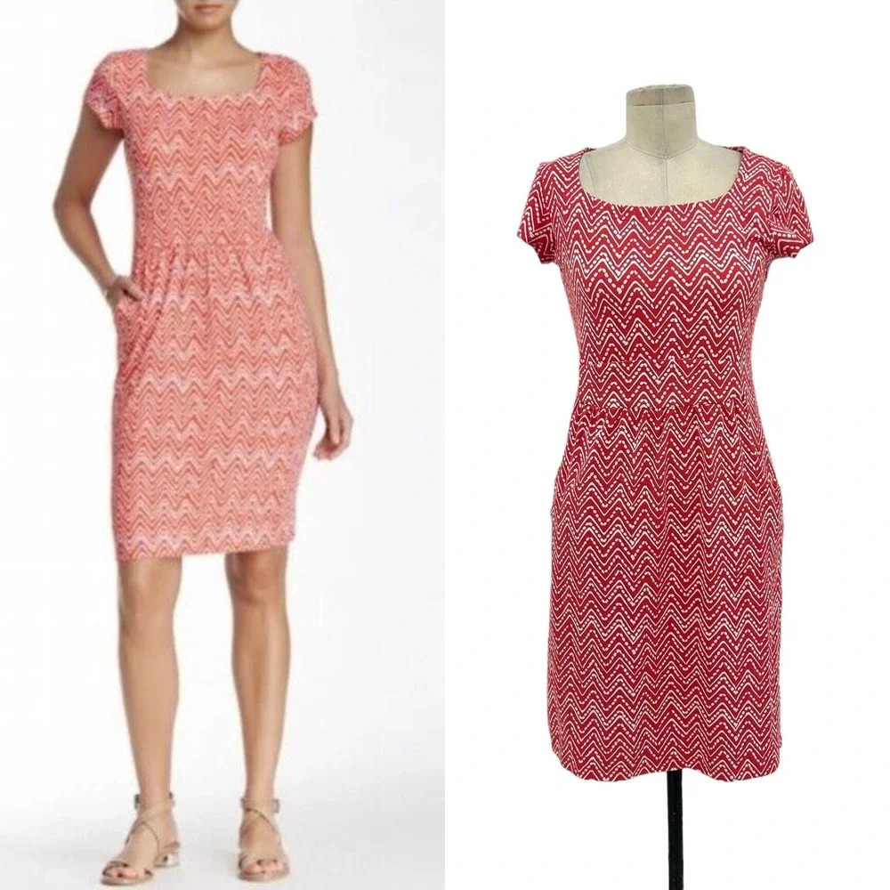 J. McLaughlin Emma Coral Red Chevron Zig Zag Print Catalina Cloth Dress Size XS